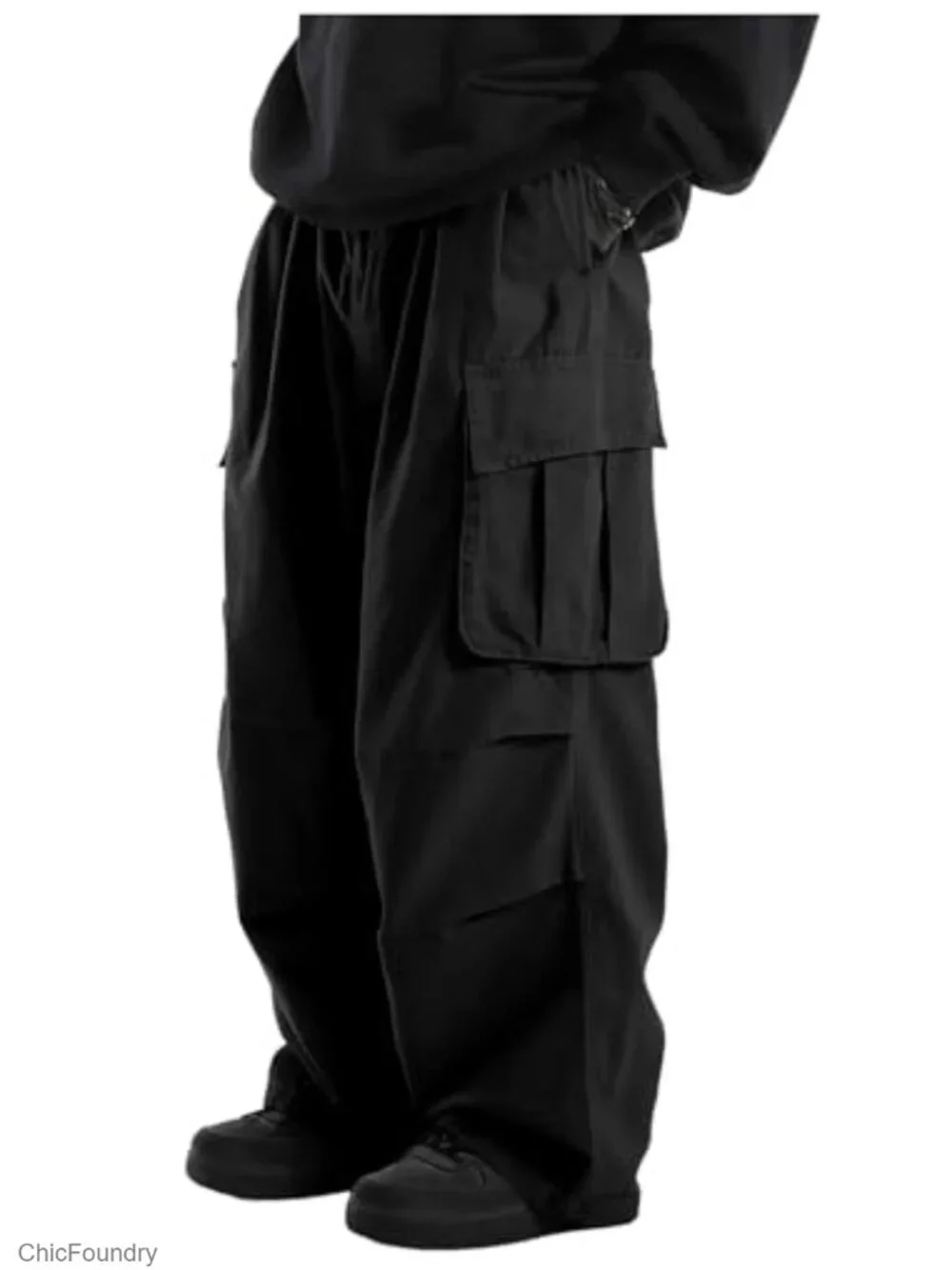 Baggy Cargo Pants Drawstring Loose Fit Hip Hop Pants Flap Pockets Trousers